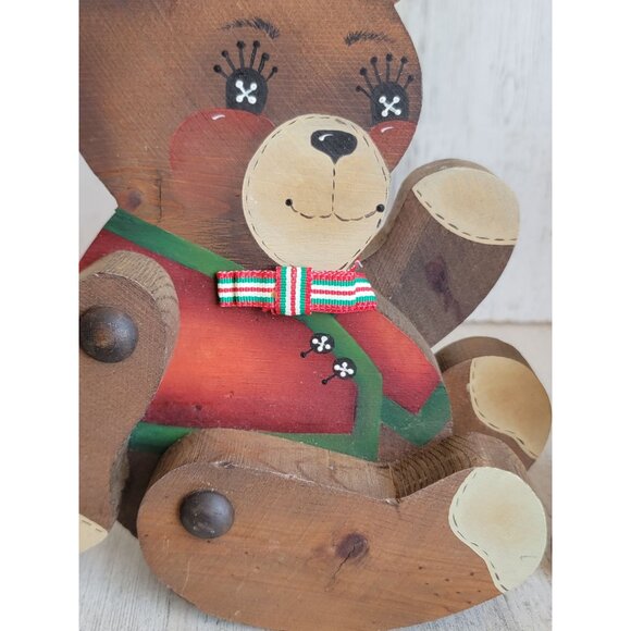 Vintage wooden teddy bear Santa Claus unique rustic folk art set decor - Picture 3 of 7